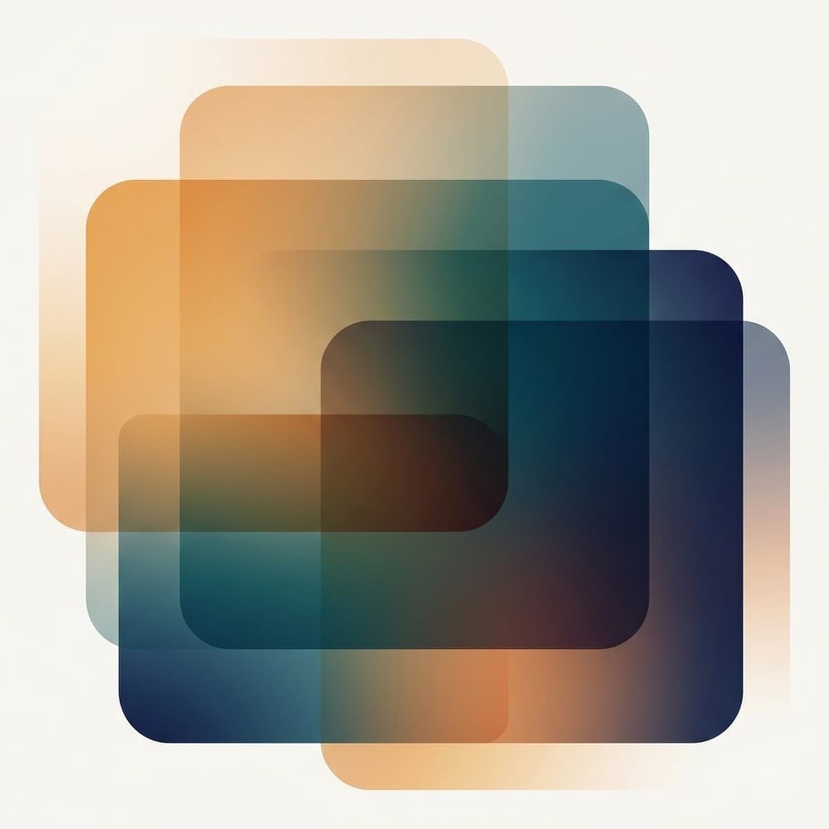 Four translucent panels in amber, teal, and navy overlapping and layering through one another
