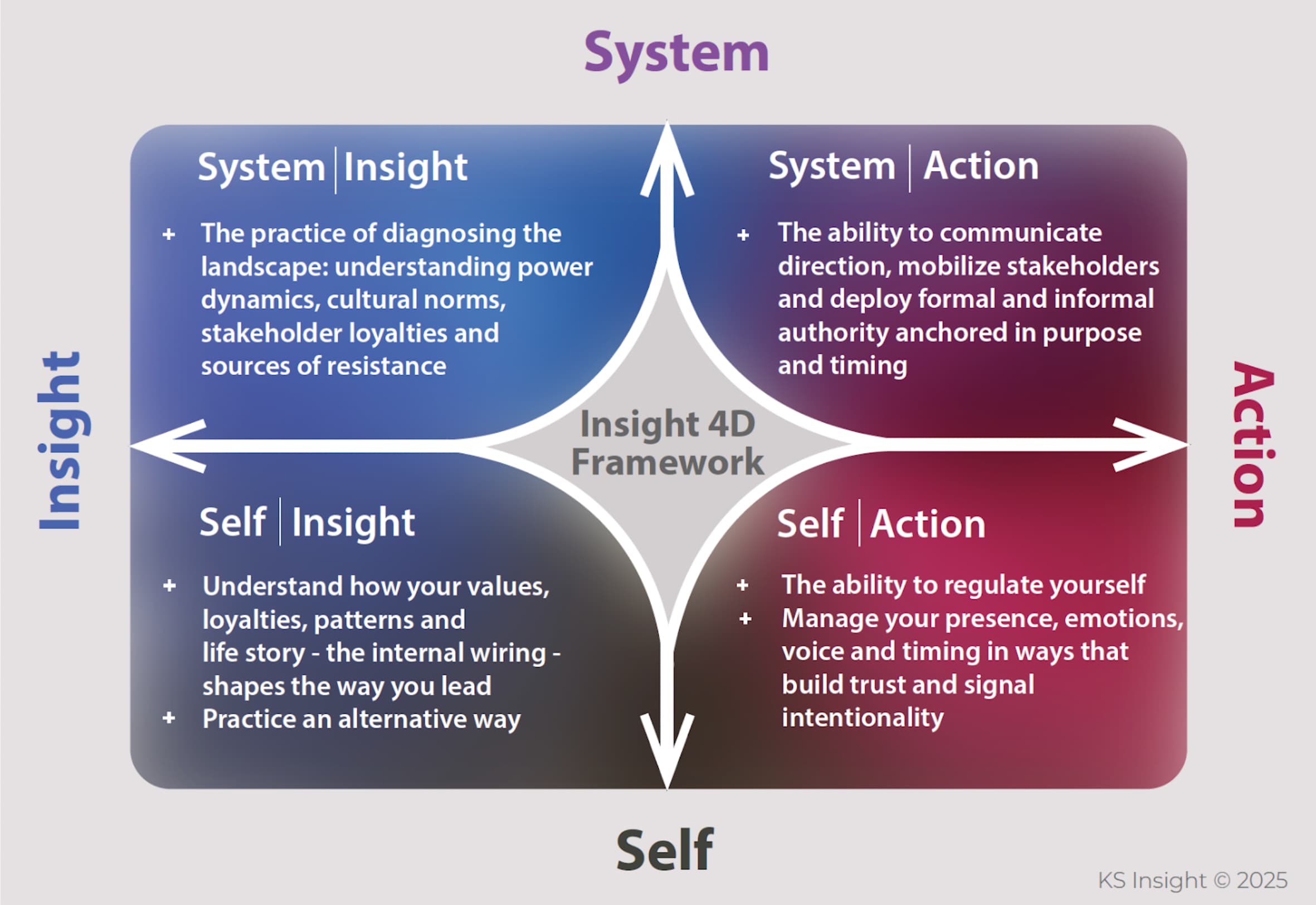 Insight 4D Framework diagram: the 2×2 of Self/System by Insight/Action