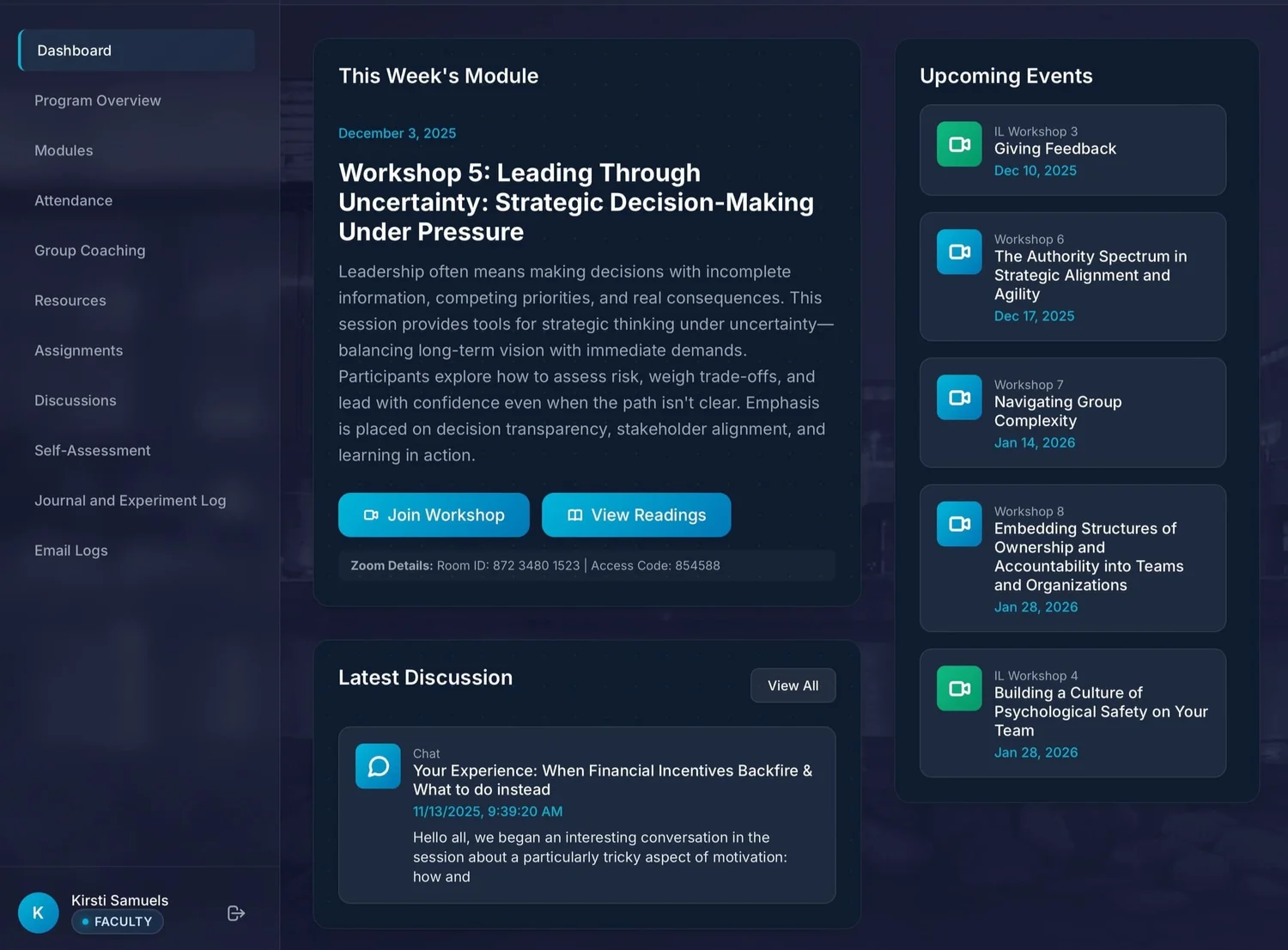 M2L learning portal dashboard with workshops and discussions