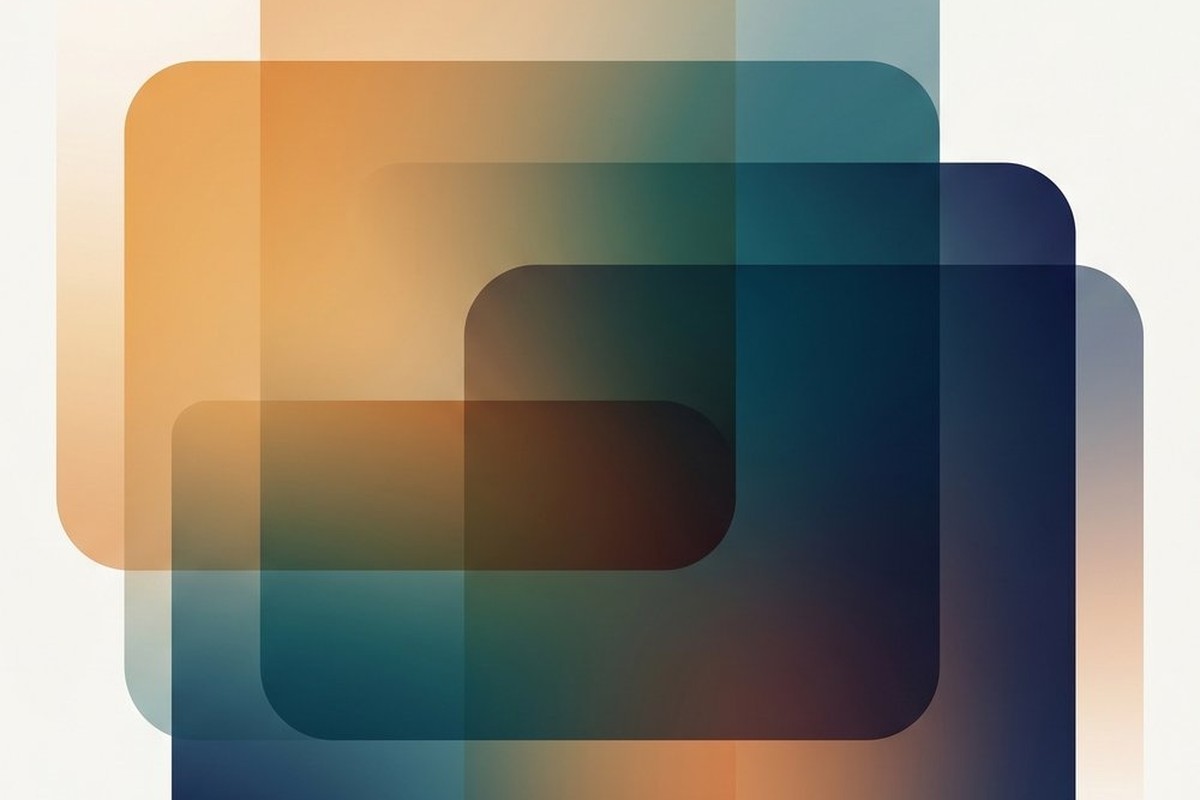 Four translucent panels in amber, teal, and navy overlapping and layering through one another